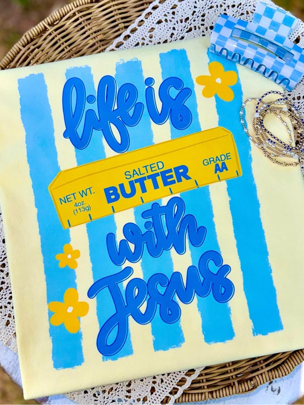 Yellow & Blue Graphic Tshirt - Life Is Butter With Jesus Small-XL